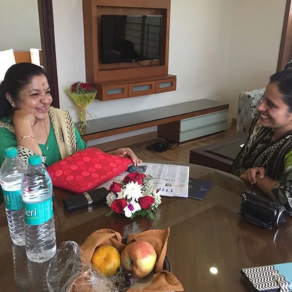 Discussing the trust’s work with K. S. Chithra